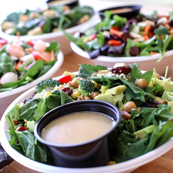 Multiple Bliss & Vinegar salads in white bowls, with a dressing cup in the foreground.